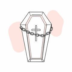 A minimalist vector illustration of a coffin featuring a cross and chain. The clean lines and subtle color accents create a striking design suitable for themed projects and creative artwork...