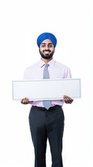 Sikh Indian bank receptionist holding an oversized white check on a clear background, promoting financial incentives, bank reward, business success