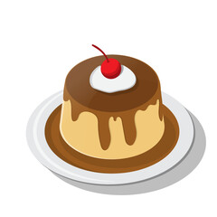 Vanilla custard pudding with caramel sauce. Decorated with whipped cream and cherries.