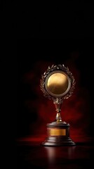 Precious metal trophy for first place against a dark red background, symbolizing financial incentives, award recognition, top achievement