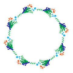 Ocean frame with clown fish, seaweed, coral and sea foam.