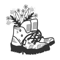 Bergschuhe gezeichnet mit Blumenstrauss