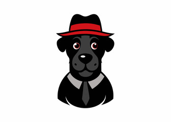 A black dog logo, icon with a hat on its head on white background