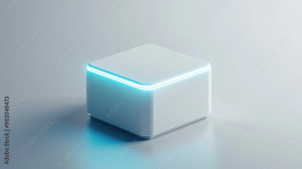 Poster modern futuristic white gadget with a soft blue light on a sleek surface in a minimalistic setting