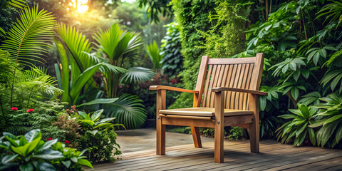 Wooden arm chair surrounded by green plants in a peaceful garden setting, outdoor, furniture, relaxation, greenery, nature