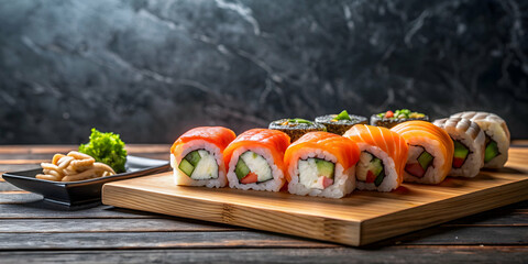 Sushi pieces on wooden table with black marble background, sushi, Japanese cuisine, food, fresh, delicious, traditional, rice