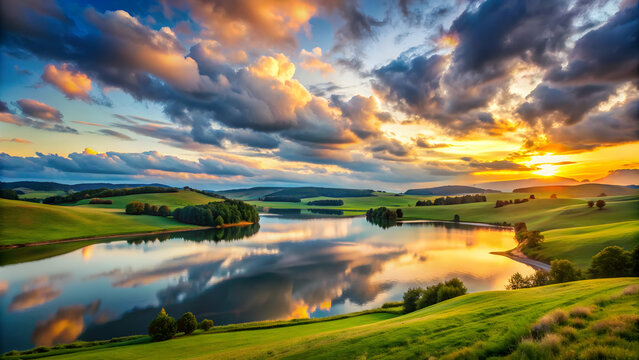 A serene landscape with rolling hills, a calm lake, and a dramatic sunset sky, scenic, picturesque, nature, tranquility, peaceful