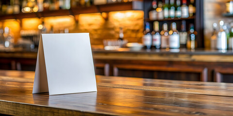Blank paper table card on wooden table over bar background, paper, table card, wooden table, bar, blank, empty, restaurant