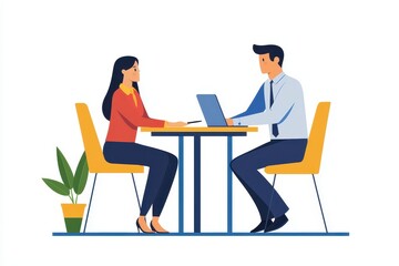 Two business professionals engage in a productive meeting at a table with a laptop, enhancing collaboration and communication.