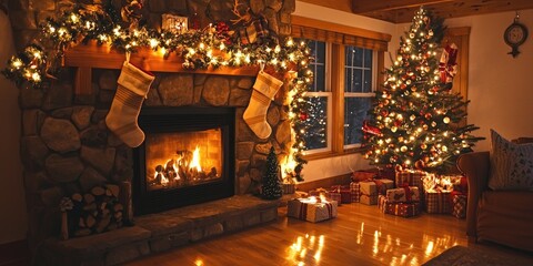 Obraz premium A cozy room filled with Christmas decorations, including garlands wrapped around the fireplace, twinkling lights, and stockings hung with care, all glowing in soft, warm