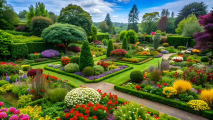 Fototapeta premium Lush green garden inside a larger garden with colorful flowers and plants, serenity, nature, growth, beauty, outdoor