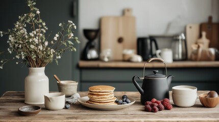 Fototapeta premium Hygge-Inspired Breakfast Setup with Pancakes, Berries, and a Teapot on a Rustic Wooden Table
