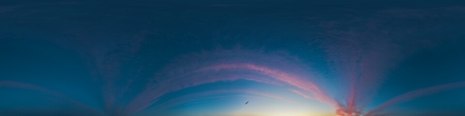 360 panorama of dark blue sunset sky with bright pink Cirrus clouds. HDR 360 seamless spherical...