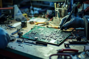 A Technician Repairs A Malfunctioning Circuit Board In An Industrial Device. The Board Is Spread Out On A Workbench