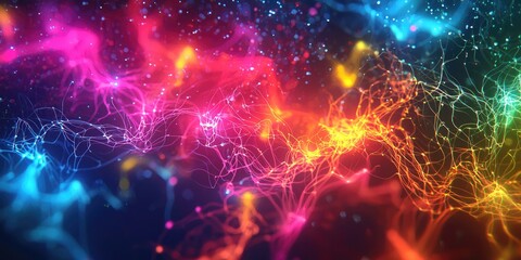 A digital, glowing representation of the brains neural connections firing, with electric impulses running through the neural network in a vibrant display of colors