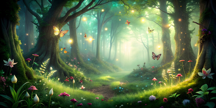 Enchanting forest clearing with magical creatures and pixie dust, magical, forest, clearing, enchanting, creatures