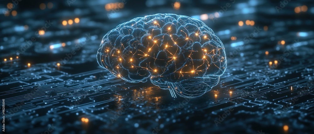 Poster a digital brain representation on a circuit-like background, symbolizing technology and intelligence
