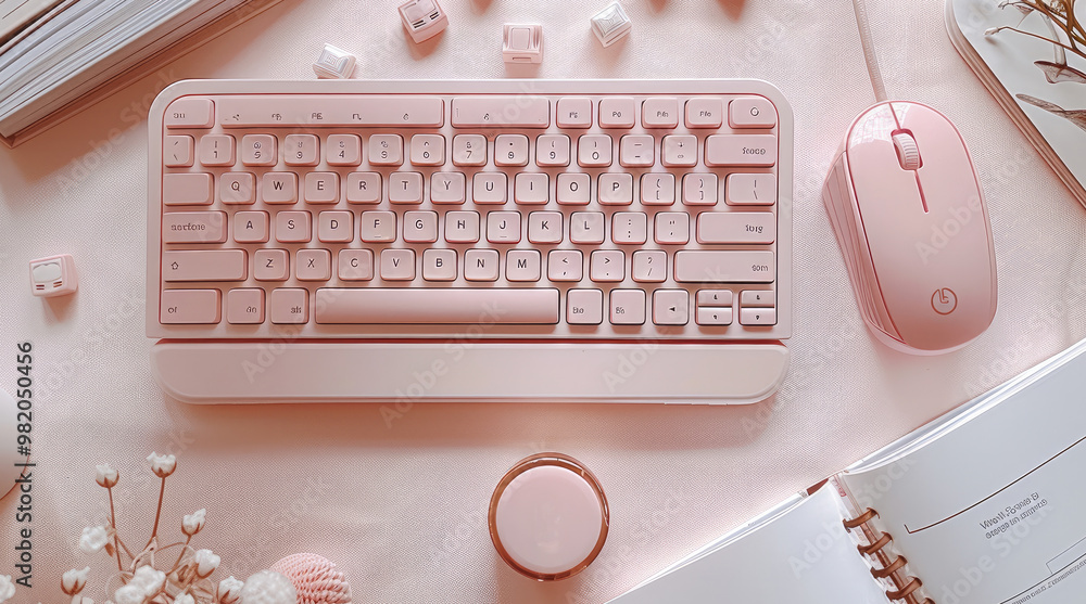 Poster a cute mini wireless keyboard and mouse set, the body is made of plastic material with a gradient co
