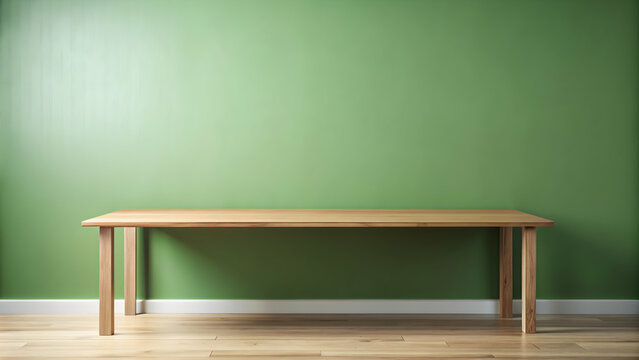 Minimalist wooden table in front of a plain green wall, ideal for text input and product presentations