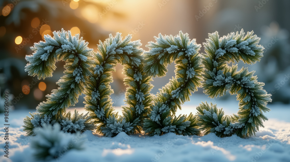 Poster snow-dusted pine branches are arranged to display the numbers 2025, set against a softly glowing win
