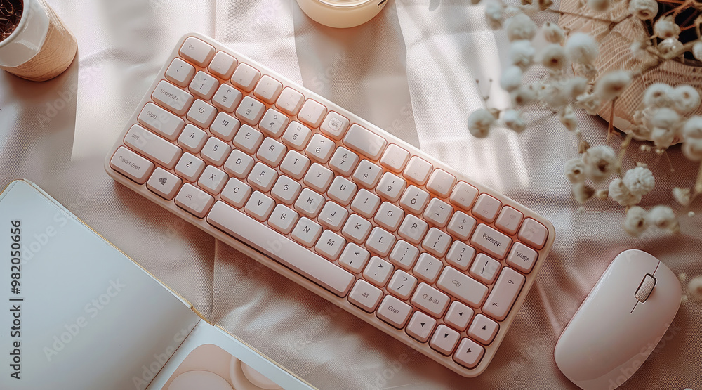 Poster a cute mini wireless keyboard and mouse set, the body is made of plastic material with a gradient co