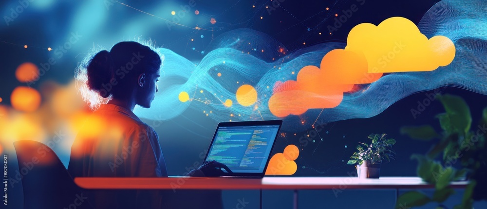Poster a person working on a laptop with abstract cloud graphics in a modern workspace.