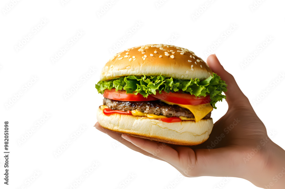 Wall mural cheeseburger in hand isolated on transparent background