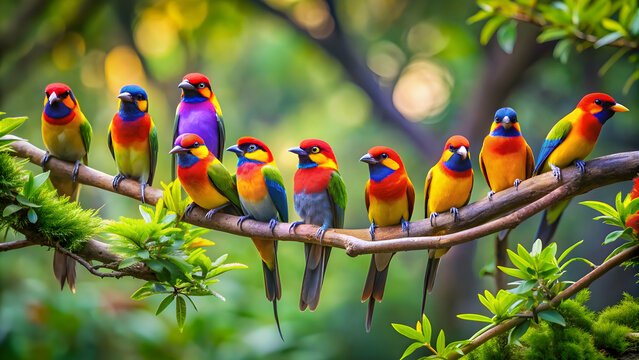 Colorful birds perched on a gir in a natural setting, birds, gir, perched, colorful, wildlife, nature, feathers, habitat, branch