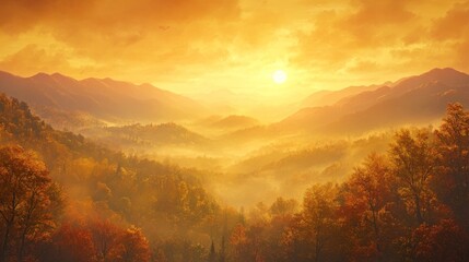 Golden hues kiss valleys veiled in autumn's mist, as the sun ascends, painting the sky with fiery bliss.