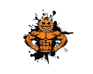 Halloween pumpkin bodybuilding pose vector logo for gym and fitness