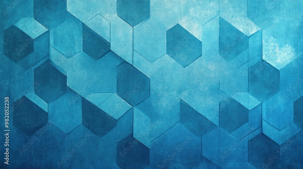 Poster abstract geometric design featuring hexagonal shapes in varying shades of blue.