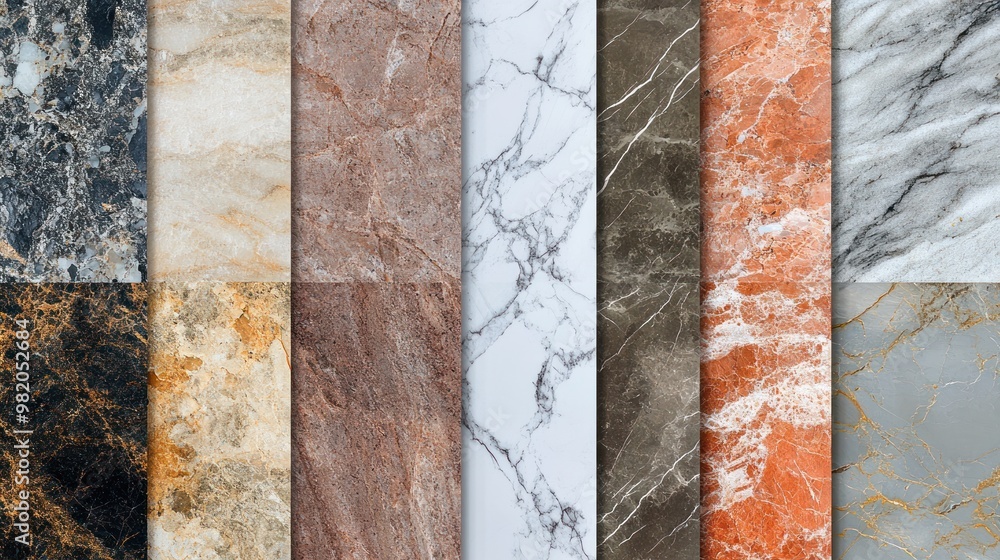 Poster a collage of various marble textures showcasing different colors and patterns.