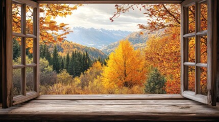A picturesque autumn landscape viewed through an open window, showcasing vibrant foliage. © artbot