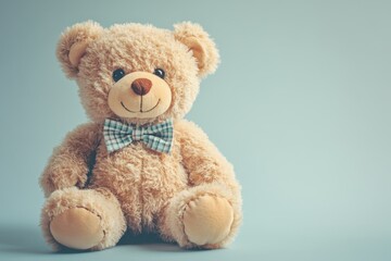 A happy teddy bear with a bow tie sitting cheerfully against a soft blue background, perfect for children&rsquo;s decor and gifts