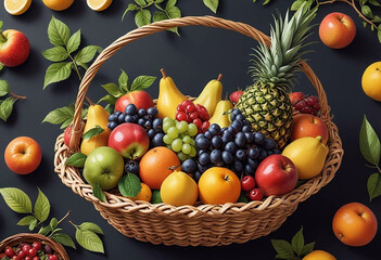 Basket in the garden filled with fruits, apples, grapes, pear