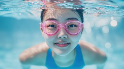 Naklejka premium Beautiful young asian woman swimmer underwater in swimming pool with eyes open,looking at the camera, wearing pink goggles,fashion concept,vacation trip,Summer and holiday concept,Copy space.