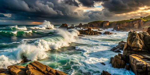 Fototapeta premium Dramatic moody sea landscape with waves crashing against rocks in a touristic background, dramatic, moody, sea, landscape, waves