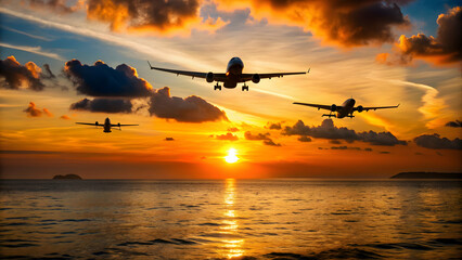 Silhouettes of aircraft flying over the sea at sunset , Air Force Day, aircraft, silhouette, sunset, sea, flying, military, aviation