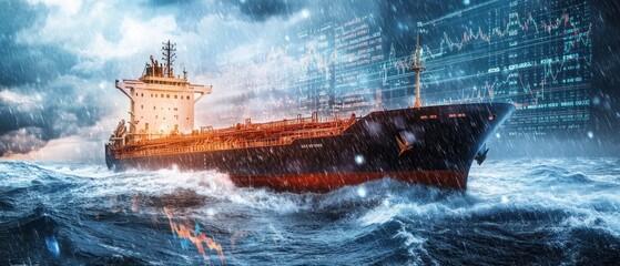 A cargo ship navigating stormy seas with digital data overlays, symbolizing maritime trade.