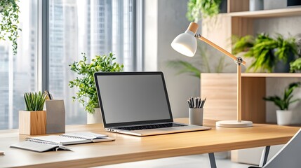 Minimalist Modern Home Office Desk with Laptop and Desk Lamp.