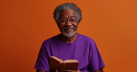 Obraz premium Cheerful elderly African man holding glowing spell book on solid orange background 