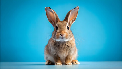 Fototapeta premium Rabbit on a blue background with ample copy space, rabbit, blue, background, copy space, cute, fluffy, animal, isolated