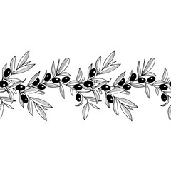 Seamless border with ripe olive berries, olive branches. Vector illustration