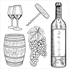 Set with a bottle of wine, glasses, grapes, corkscrew, barrel. Vector illustration
