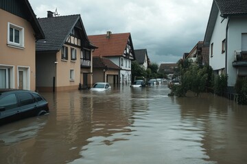 Fototapeta premium Flooding in European Villages , Impact of Global Warming , Generative AI