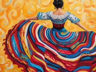 A vibrant portrayal of a woman in a colorful traditional dress, twirling gracefully against a bright, swirling yellow background.