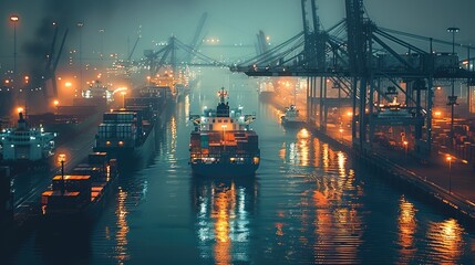 Fototapeta premium Intelligent data detection of shipping port, dark tone, very scientific and technological. Generative AI.