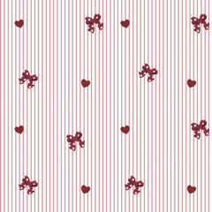 Vector pattern of fabric, wallpaper, wrapping paper, mats, bed sheets, continuous in many sizes and repeatable. Cute style, horizontal stripes with alternating bows and hearts.