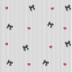 Vector pattern of fabric, wallpaper, wrapping paper, mats, bed sheets, continuous in many sizes and repeatable. Cute style, horizontal stripes with alternating bows and hearts.
