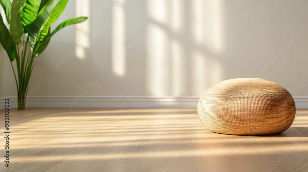 Canvas Prints A small round object sitting on a hardwood floor next to a plant, AI